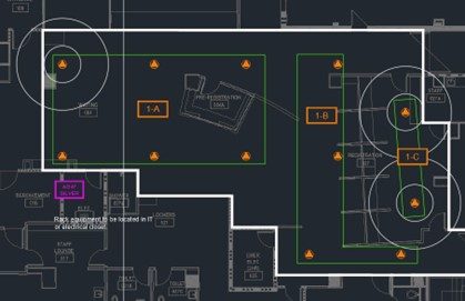 Ceiling speaker coverage diagram showing sound dispersion patterns and office acoustics design