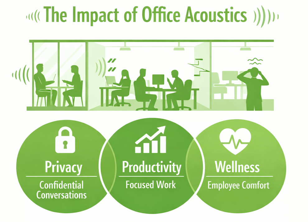Diagram showing how office acoustics impacts privacy, productivity, and employee wellness in modern office environments.